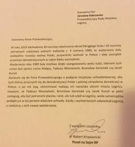 pismo do Przewodniczącego Rady Miejskiej Legnicy - podjęcie inicjatywy uchwałodawczej