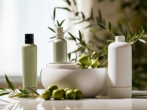 Set of cosmetic products on light background with olives branches. Created with Generative AI technology.